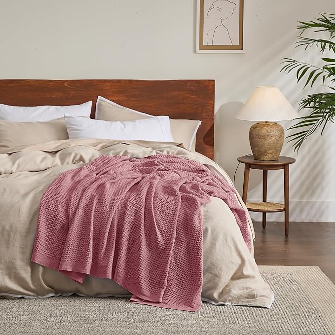 Bedsure 100% Cotton Blanket King Size for Bed - Breathable and Soft, Waffle Weave Blanket for Summer Spring, Dusty Rose, 104x90 inches