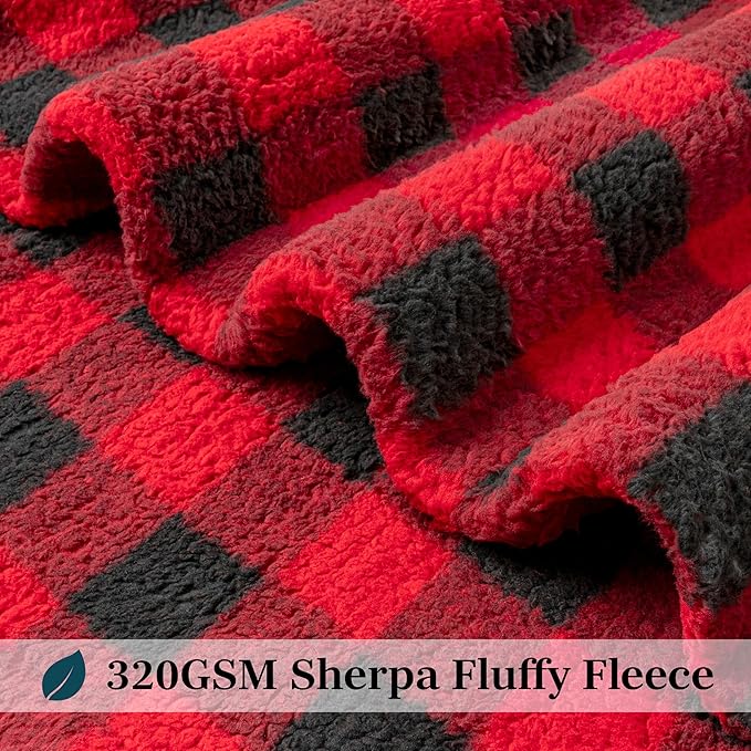 PAVILIA Sherpa Throw Blanket for Couch Sofa, Black Red Checkered Fluffy Warm Plush Blanket for Bed, Cozy Super Soft Lightweight Throw, Fuzzy Decorative Blanket, All Season Home, 50x60