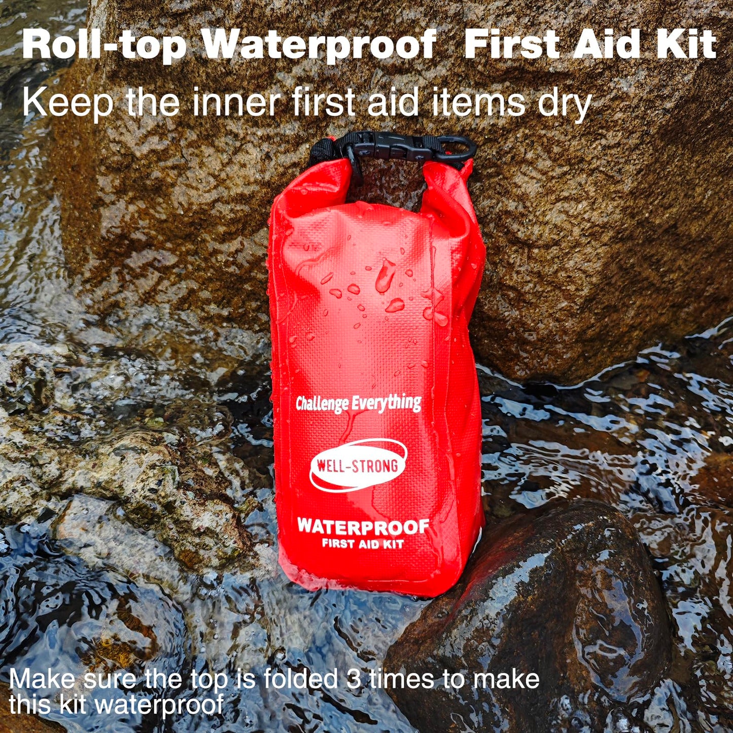 WELL-STRONG Waterproof First Aid Kit Roll Top Boat Emergency Kit with Waterproof Contents for Fishing Kayaking Boating Swimming Camping Rafting Beach Red
