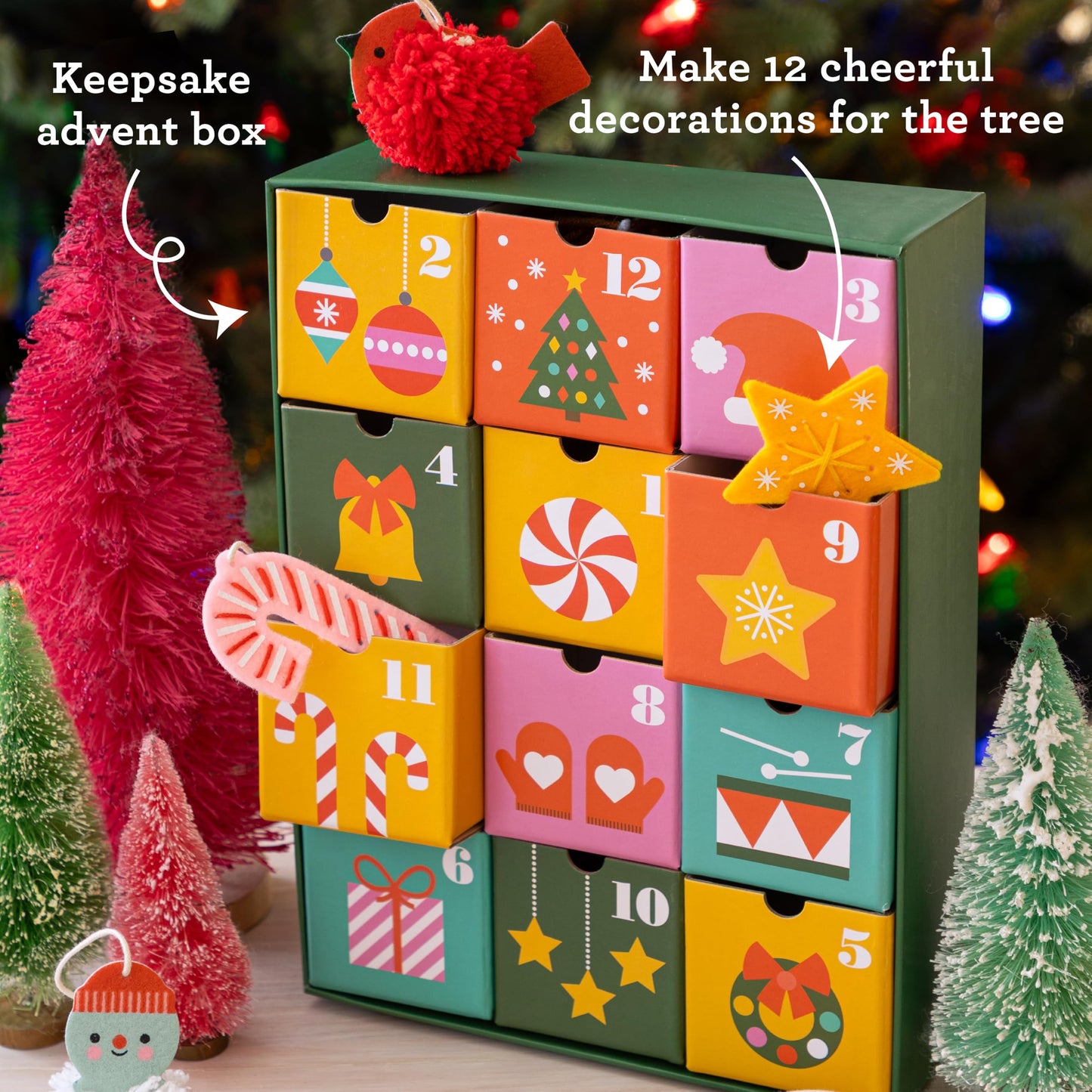 Petit Collage: 12 Crafts of Christmas Advent Calendar - Eco-Friendly Advent Craft Kit for Kids 6+ – Includes Felt Shapes, Pom‑Pom Maker, Yarn & Needle – Reusable Drawer Calendar with Daily Projects