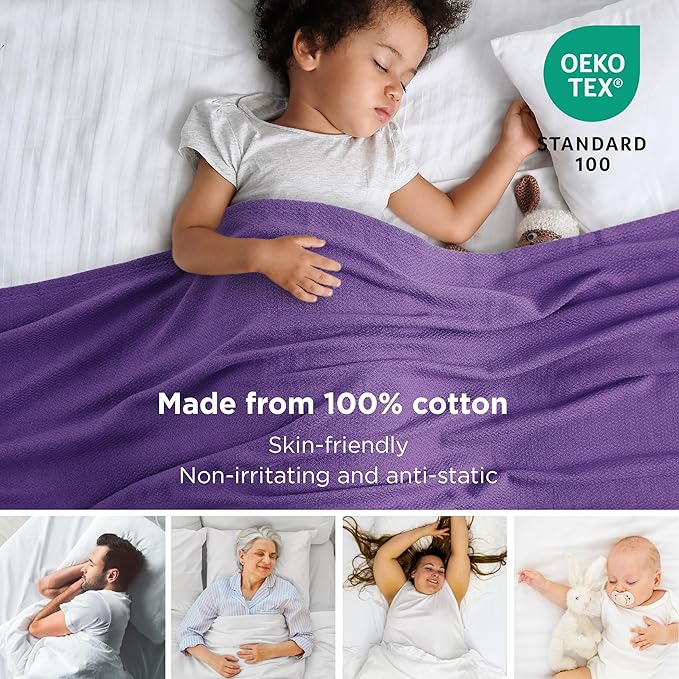 Bedsure 100% Cotton Blanket Queen Size for Bed - Breathable and Lightweight, Soft Cozy Textured Herringbone Woven Blanket for Summer Spring, Purple, 90x90 inches