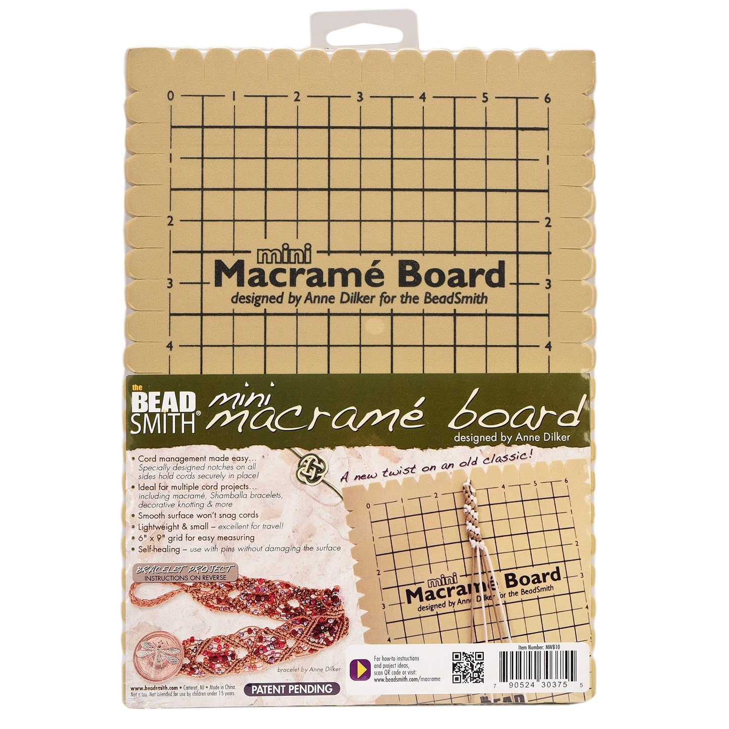 The Beadsmith Mini Macrame Board, 7.5 x 10.5 inches, 0.5-inch-Thick Foam, 6 x 9 Grid for Measuring, Bracelet Project with Instructions Included, Create Macrame and Knotting Creations