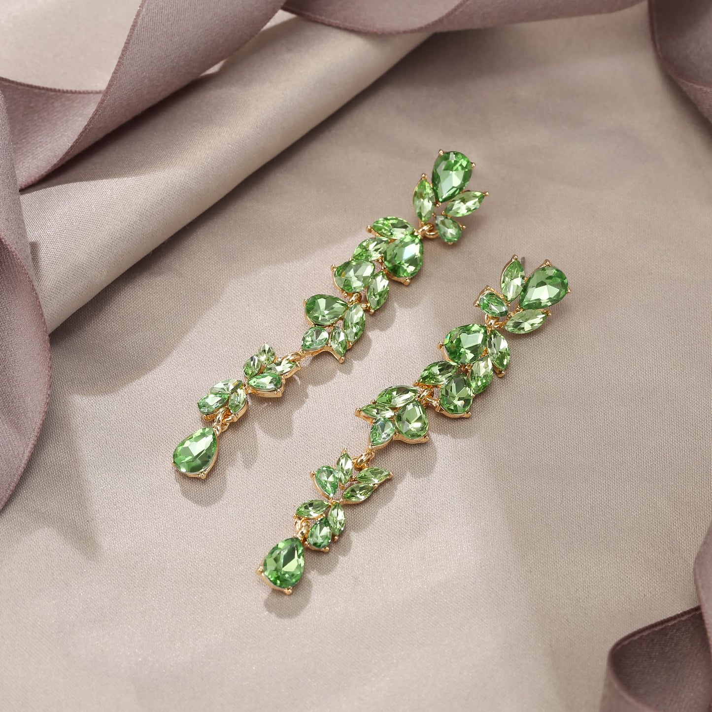 EVER FAITH Rhinestone Crystal Chandelier Dangle Earring for Women Brides, Art Deco Marquise Teardrop Bridal Long Drop Earrings for Prom Peridot