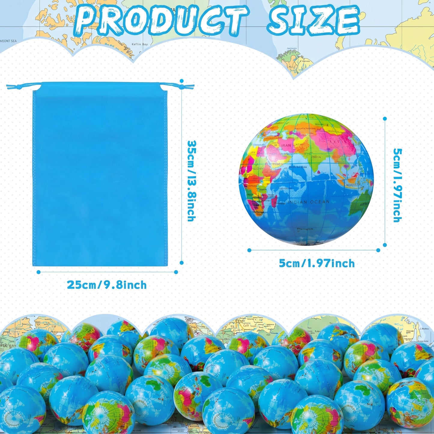 Poen 400 Pcs Globe Squeeze Balls, 2 Inch Mini World Earth Stress Balls Bulk Educational Relief Foam Squeeze Ball with Blue Drawstring Bag for Finger Exercise School Reward Party Gift