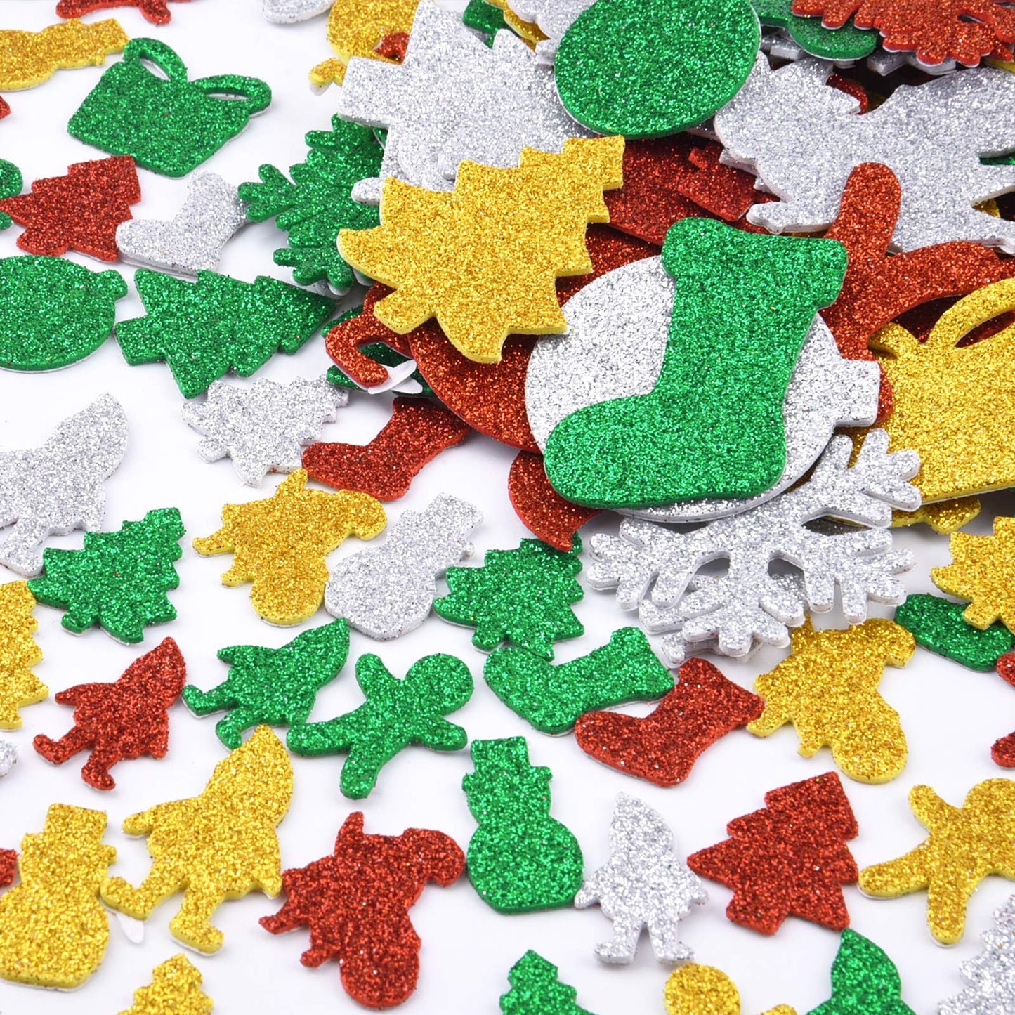 Livder 300 Pieces Christmas Glitter Foam Stickers Self Adhesive Snowflake Santa Bell Sticker for Xmas Gift Box Bag, Tree, Greeting Cards DIY Decoration (Pack of 2)