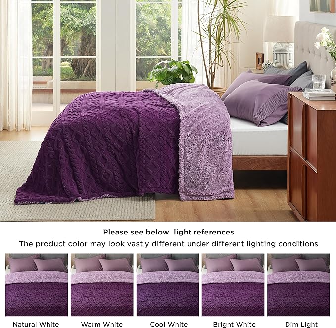 Bedsure Sherpa Queen Size Blanket for Bed - GentleSoft Fleece Fluffy & Cozy Cable Jacquard Tufted for Women Gift, Thick and Warm Blankets for Winter, Purple, 90x90 Inches