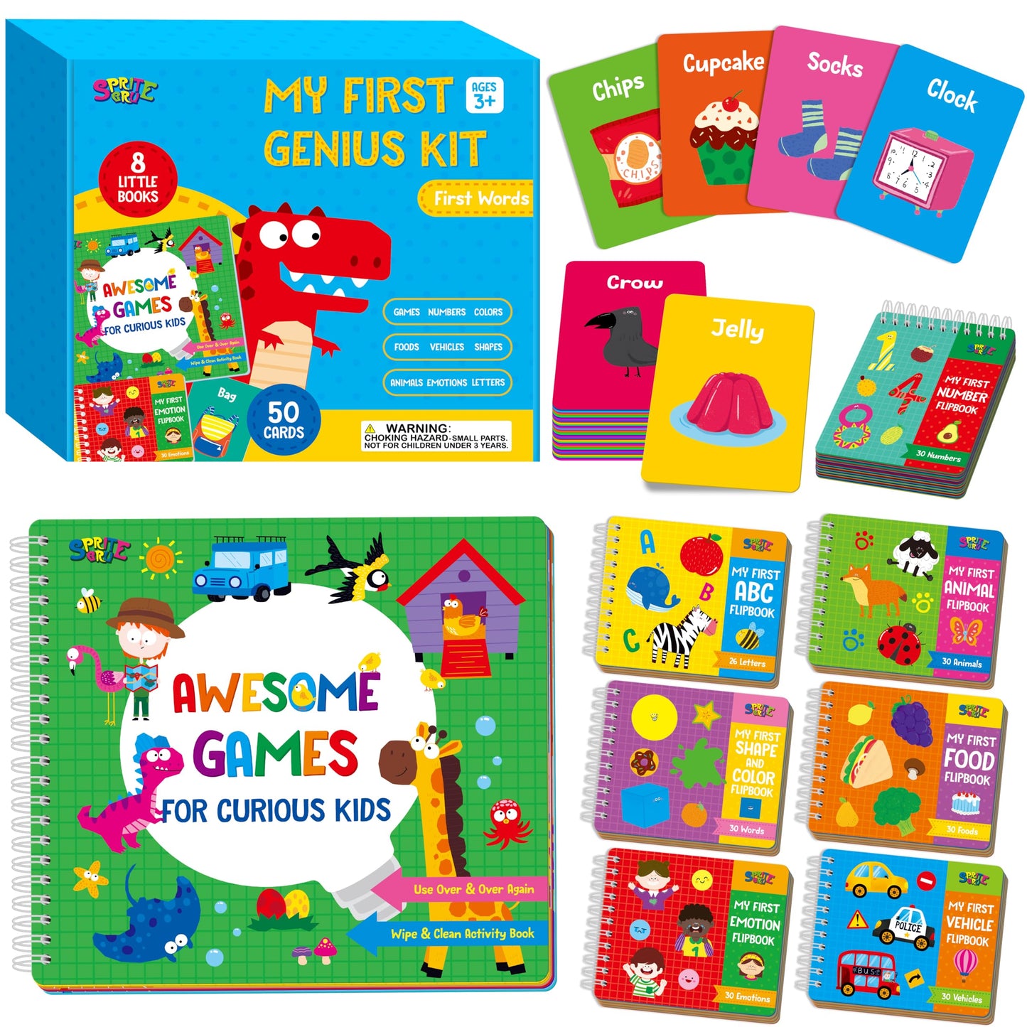 Kids Learning Flipbooks, 8 Board Books & 50 First Word Cards - Alphabet, Numbers, Colors, Shapes, Emotions, Animals, Vehicles & Fun Games Activities, Early Educational Learning Tool For Kids, Children