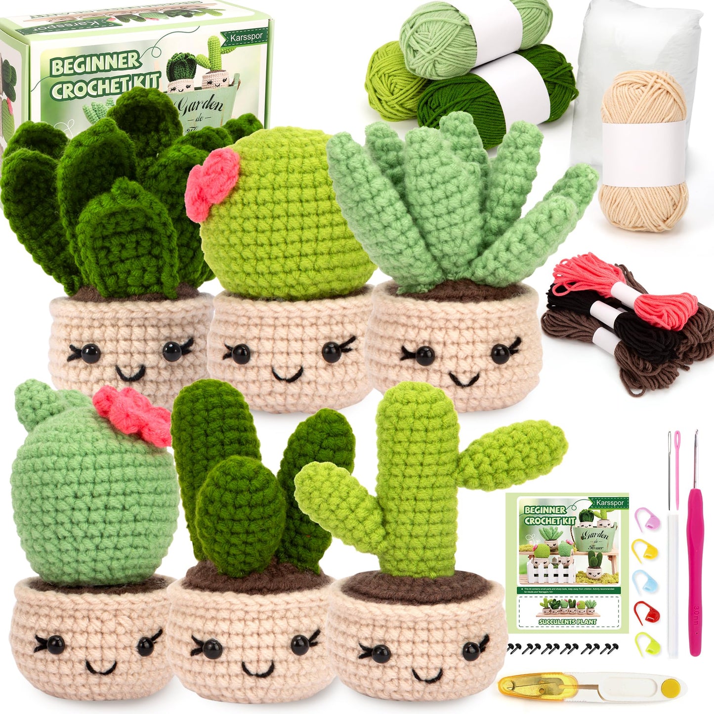 Karspor Crochet Beginner Kit, Beginner Crochet Starter Kit for Adult, Crochets Set- 6 PCS Crocheting Succulents, Step-by-Step Instructions & Video Tutorials, Learn to Knitting Kits for Adults Beginner