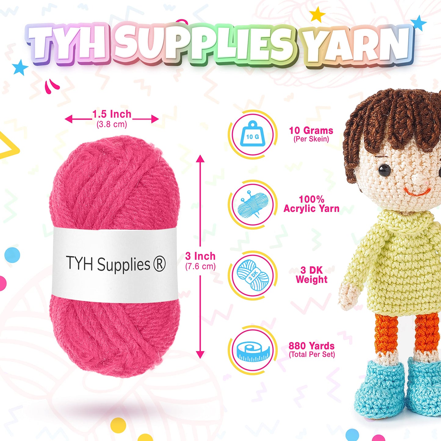 TYH Supplies 40 Mini Acrylic Yarn Skeins, 880 Yards – Crochet Kit for Beginners & Crafters, Soft DK/Light Worsted Yarn for Amigurumi Animals, Small Crafts & Knitting Projects