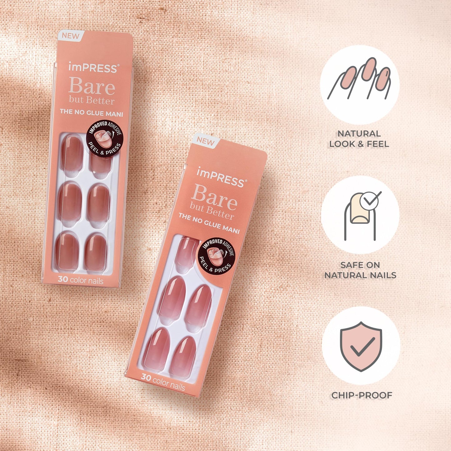KISS imPRESS No Glue Mani Press On Nails, , 'Effortless Finish', Nude, Short Size, Squoval Shape, Includes 30 Nails, Prep Pad, Instructions Sheet, 1 Manicure Stick, 1 Mini File