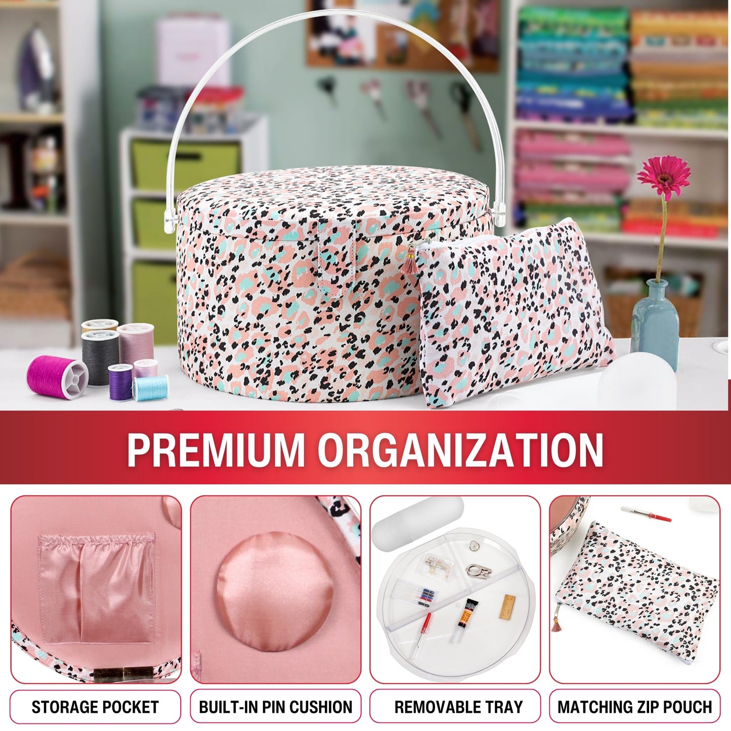 SINGER Large Round Sewing Basket with Emergency Travel Sewing Kit & Matching Zipper Pouch - Rose Pink Leopard Print