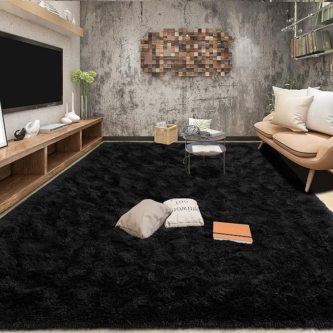Tepook Super Soft Fluffy Rug for Bedroom, Modern Shaggy Fuzzy Kids Rugs for Living Room, Plush Indoor Nursery Home Decor Dorm Carpet with Non-Slip Bottom, Black, 4 X 6 Feet