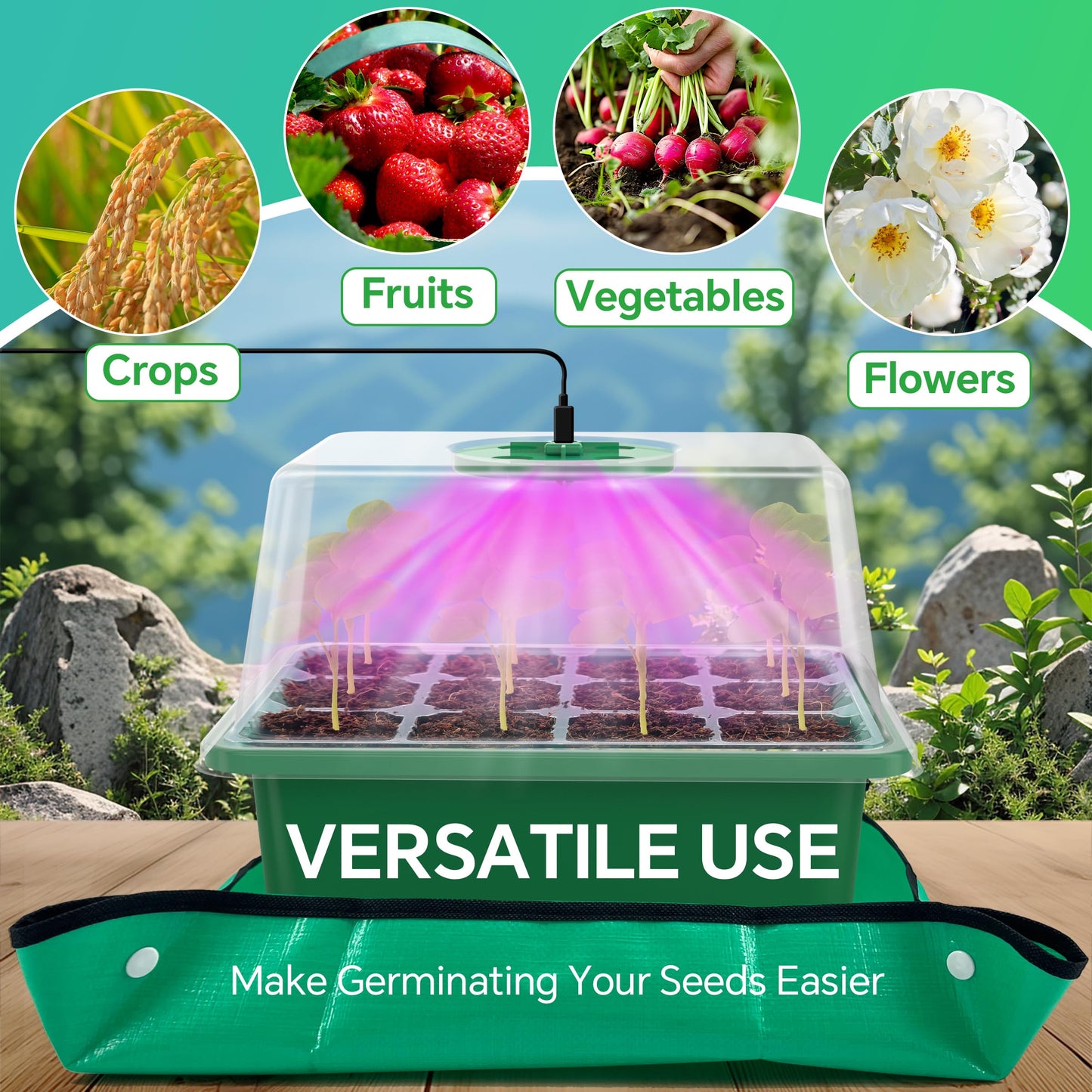 Framokoko 5 Packs Seed Starter Tray with LED Light, Upgraded 60 Cells Seed Starter Kit, Adjustable Brightness & Timing & Vents, Professional Seed Germination Kit for Indoor & Outdoor Plant Growing