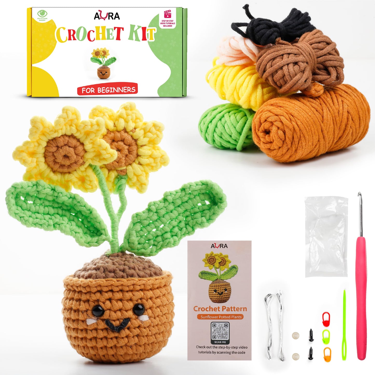 A-URA Learn to Crochet Kit for Beginners Kids and Adults, Premium Pattern Sunflower Beginner Crochet Kits with Easy Tube Yarn & Step-by-Step Video Tutorials
