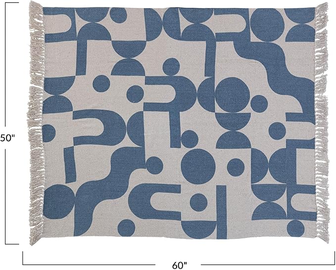 Bloomingville Woven Reclaimed Cotton Blend Printed Sheet with Abstract Design and Fringe, Blue and Beige Throw Blanket
