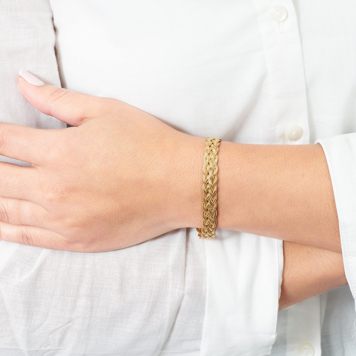 Barzel 18K Gold Plated Strand Braided Herringbone Mesh Bracelet, 7.5 Inches 8.5mm wide - Made In Brazil