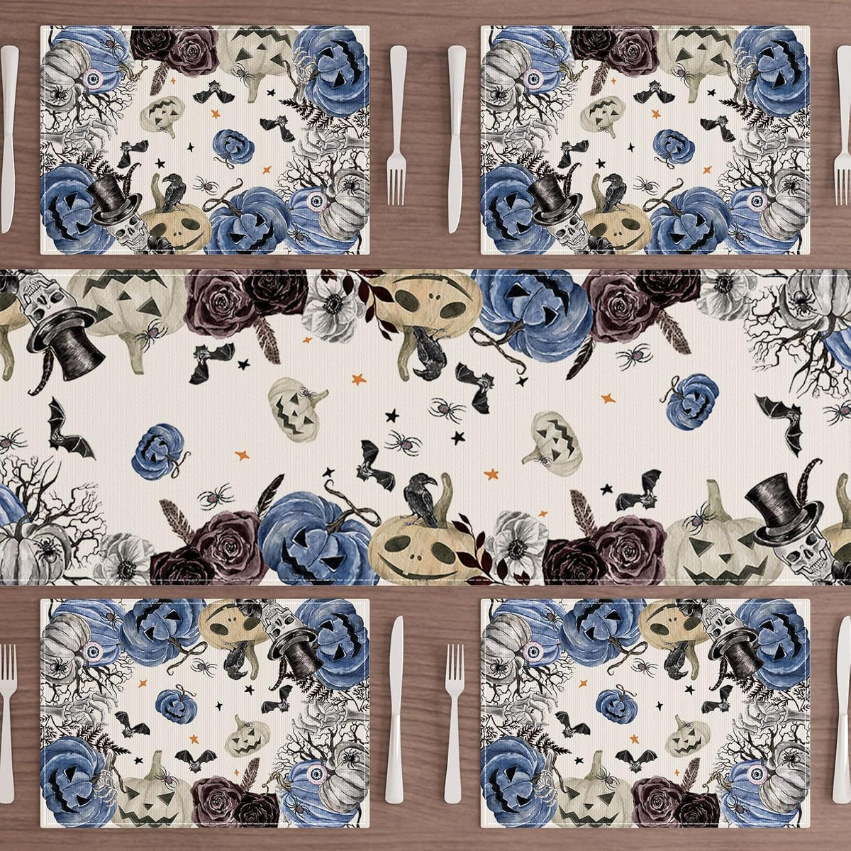XCHI Spooky Blue Pumpkin Halloween Placemats Set of 6 Table Mats for Party Home Kitchen Dining Table Decorations 12x18 Inch