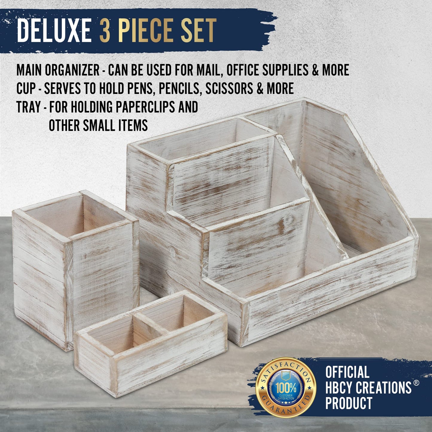 HBCY Creations Rustic Wooden Desk Organizer Set, 3-Piece Whitewashed Mail Organizer for Desktop - Great for Rustic or Industrial Home Decor