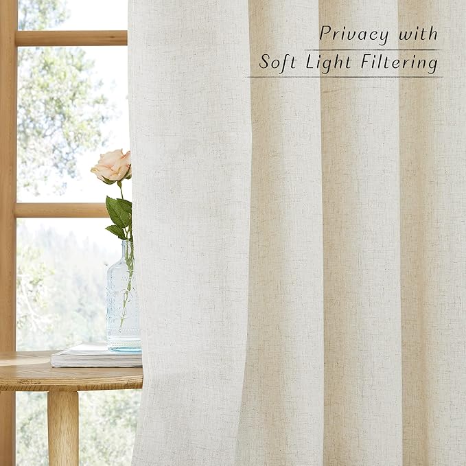 NICETOWN Flax Natural Linen Curtains for Room Divider, Grommet Top Thick Flax Semi Sheer Vertical Drapes Privacy Assured with Light Filtering for Sliding Glass Door, W68 x L84, 2 Pieces