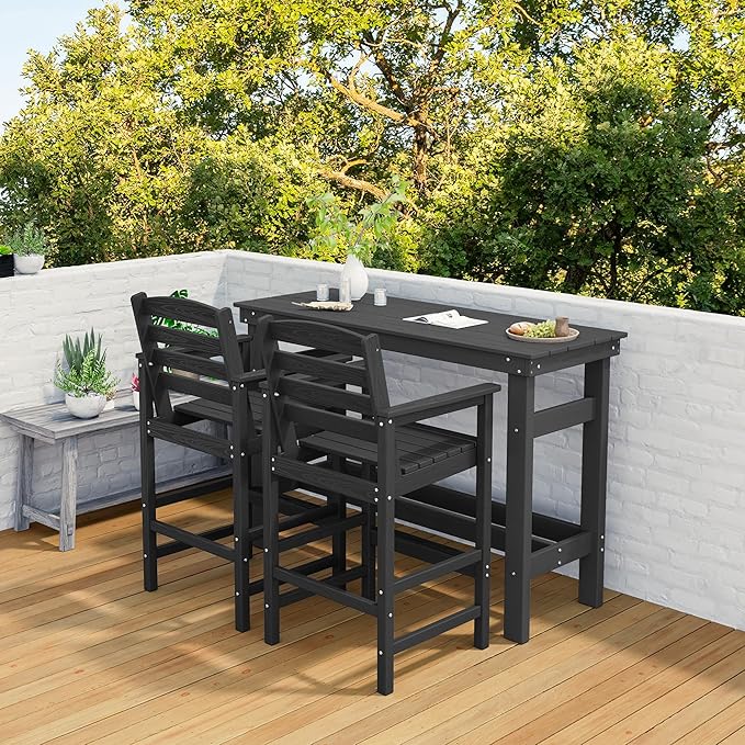SERWALL Outdoor Bar Set - 4 Adirondack Bar Chairs & Bar Height Table with 1.6" Umbrella Hole, All-Weather HDPE Patio Furniture for Poolside, Backyard, Garden - Black