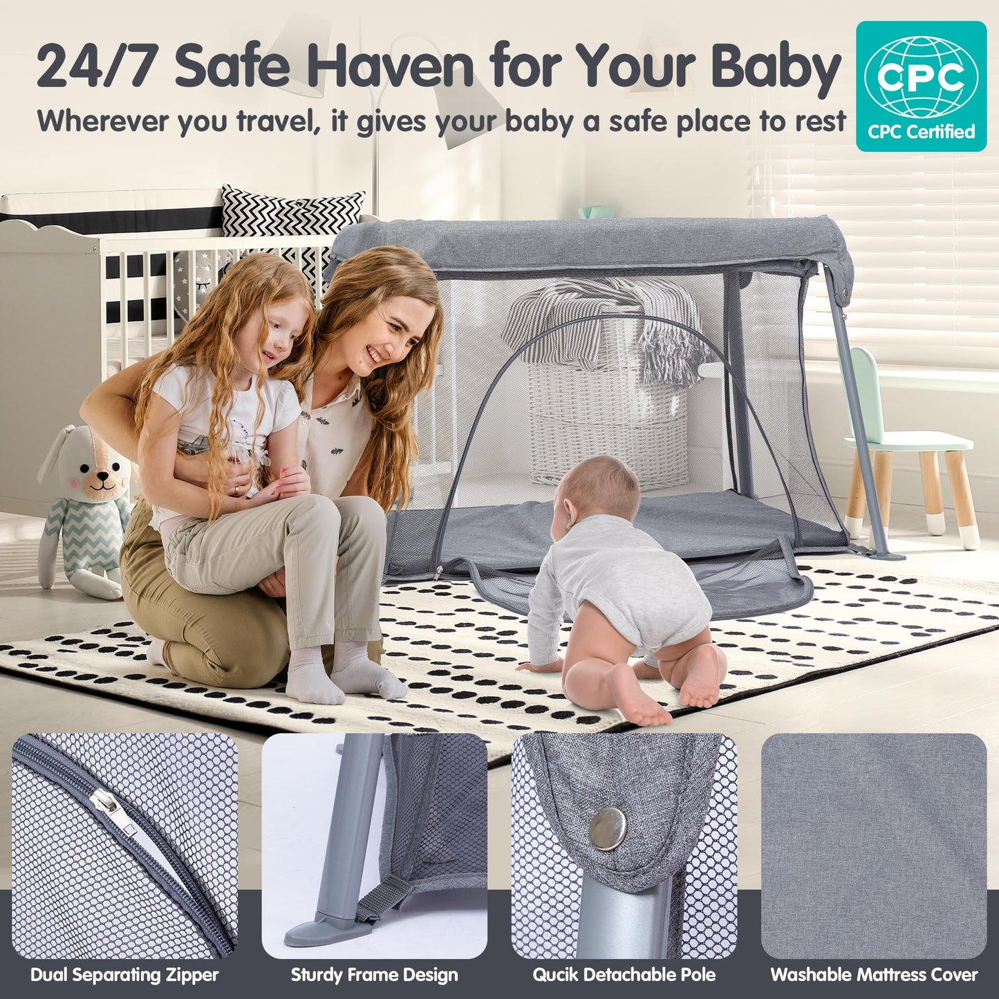 CAPAKIDDO Lightweight Travel Crib - Portable Baby Playard，Foldable Play Yard with Zipper Door, No Tools Setup, Compact for On-The-Go