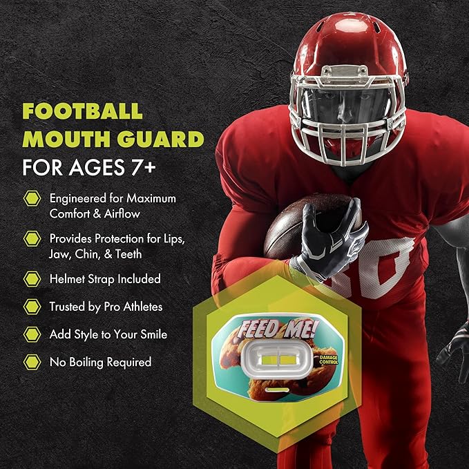 DAMAGE CONTROL Youth Football Mouth Guard – Breathable No Boil Mouthpiece, Protects Lips & Teeth, Works with Braces, Includes Helmet Strap – Sports Gear & Accessories (Feed Me!)