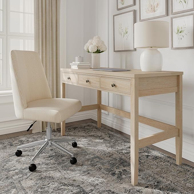 Martha Stewart Rhett Home Office Desk with 3 Drawers and Tapered Legs in Light Natural with Antique Bronze Hardware