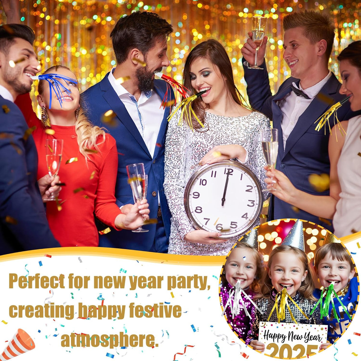 12 Pcs Glitter Noise Makers Metallic Fringed Party Blower for Adults Birthday Graduation New Years Party Favors Supplies (Gold)