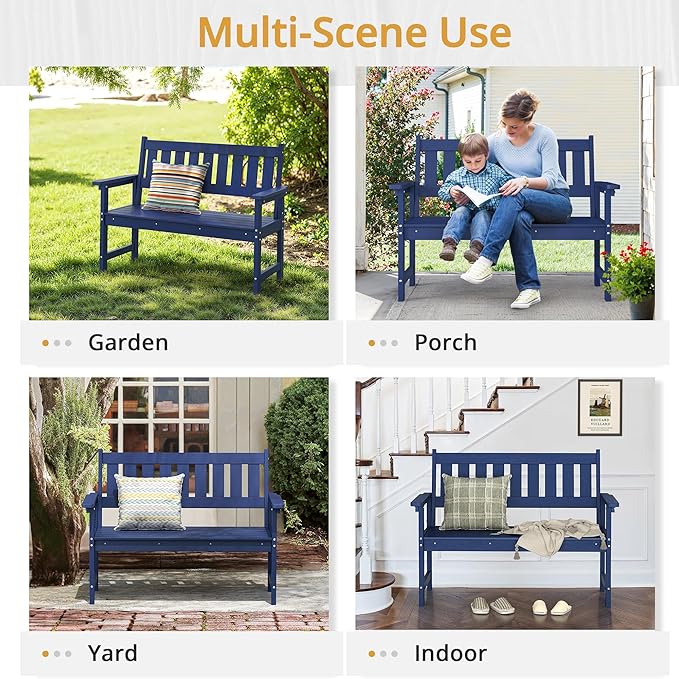 LUE BONA Outdoor Bench, 2-Person HDPS Garden Bench, Outdoor Benches Weatherproof, All-Weather Fade/Rot Resistant Patio Bench for Park, Front Porch, Backyard (Navy)