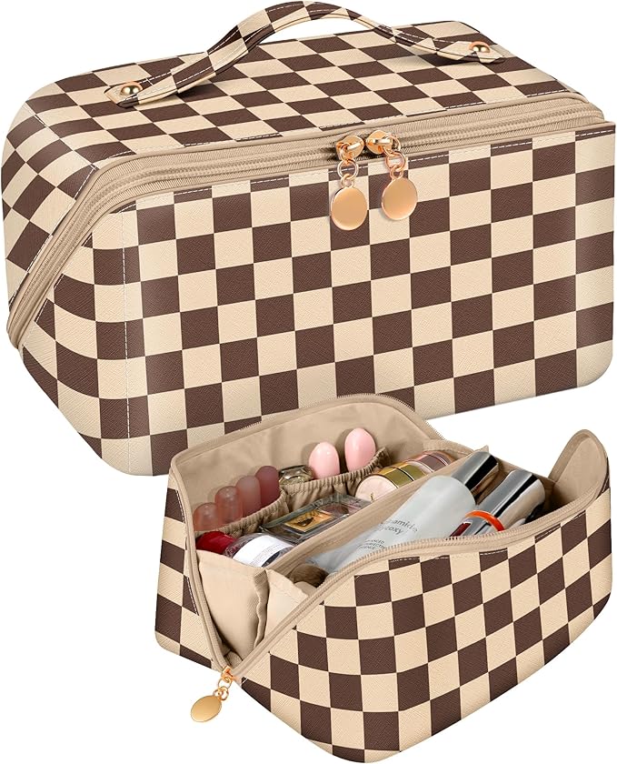 Bistup Makeup Bag Travel Cosmetic Bag Toiletry Make Up Bags Cute Women Large Capacity Big Medium Leather Checkered Plaid Brown Aesthetic Girl Teen Teenage Foldable Expandable Open Flat Zip