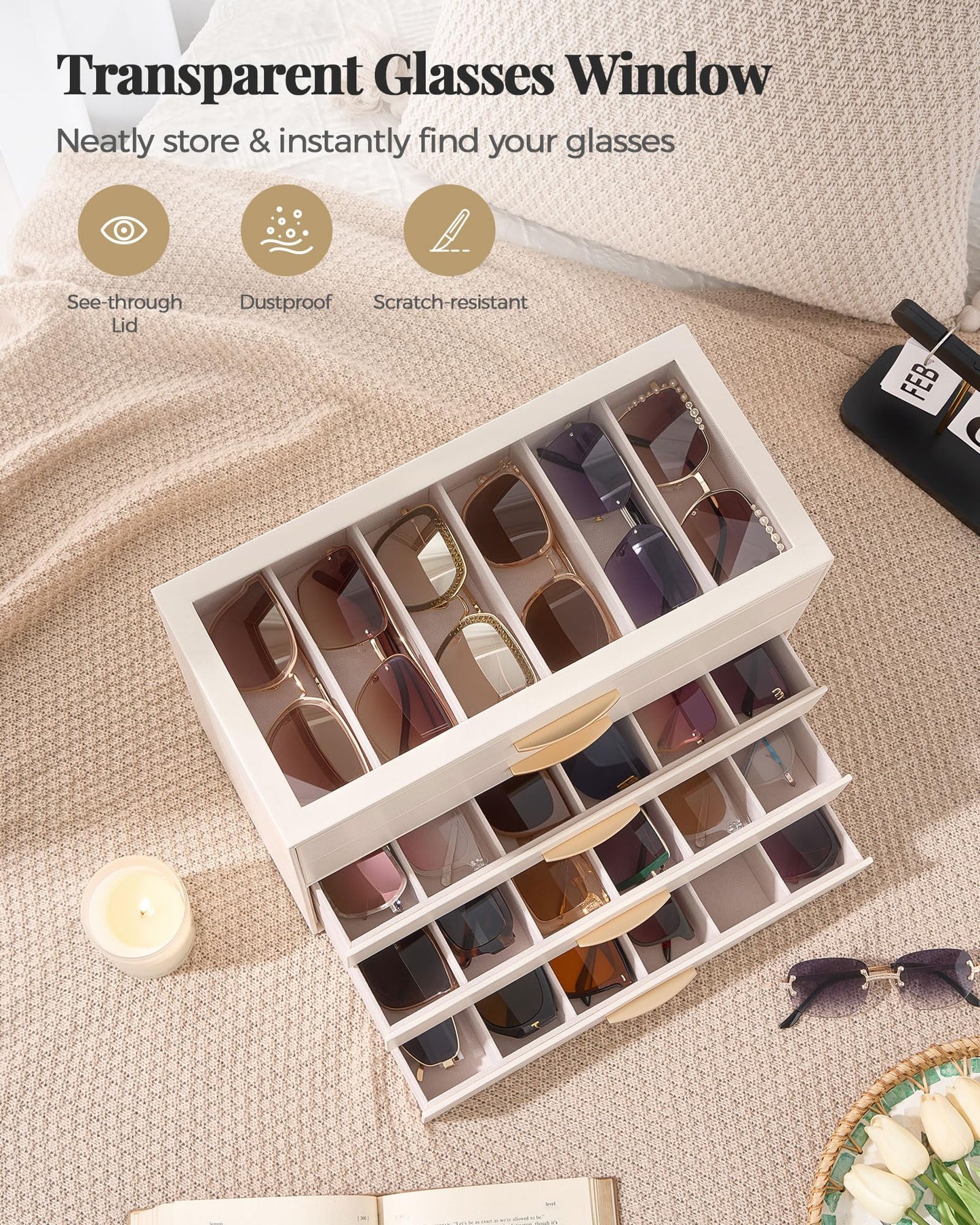 Lolalet 30 Slots Sunglasses Organizer Case for Women, 5-Layer Eyeglass Storage Holder Display Box with Clear Top Lid -Cream