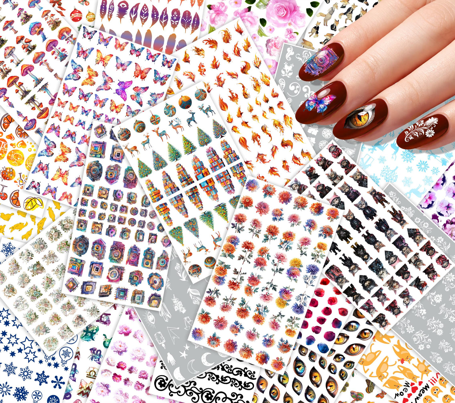 30 Sheets Nail Stickers Collection ~ Tech Abstract ~ Futuristic Devices Patterns Butterflies Trees and Geometric Elements in Colorful Detailed Style Creating Modern Unique Manicure Decals