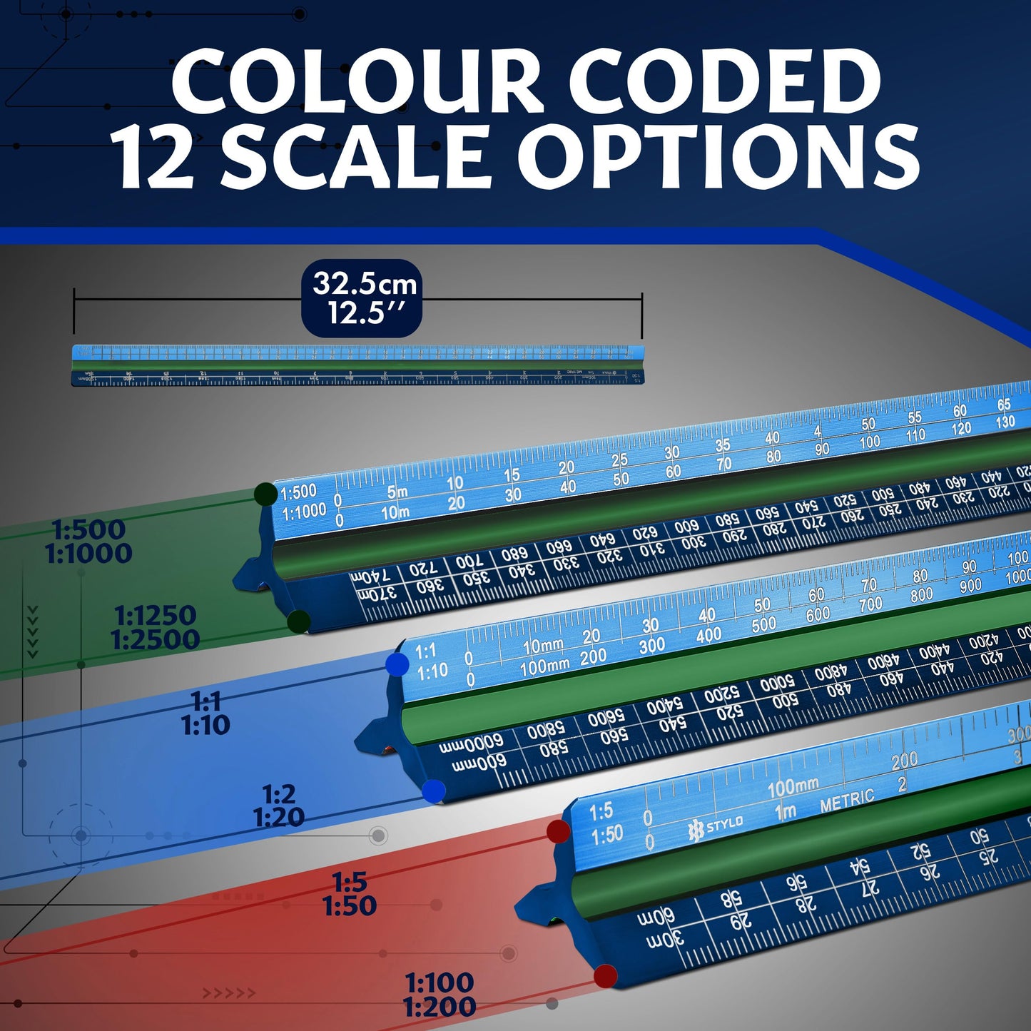 Stylo 12" Aluminum Architect Scale Ruler Laser Etched Triangle Drafting Ruler, Color Coded Grooves for Blueprint, Drafting and Drawing, Architectural Scale Ruler for Blueprints (Blue, Metric Units)