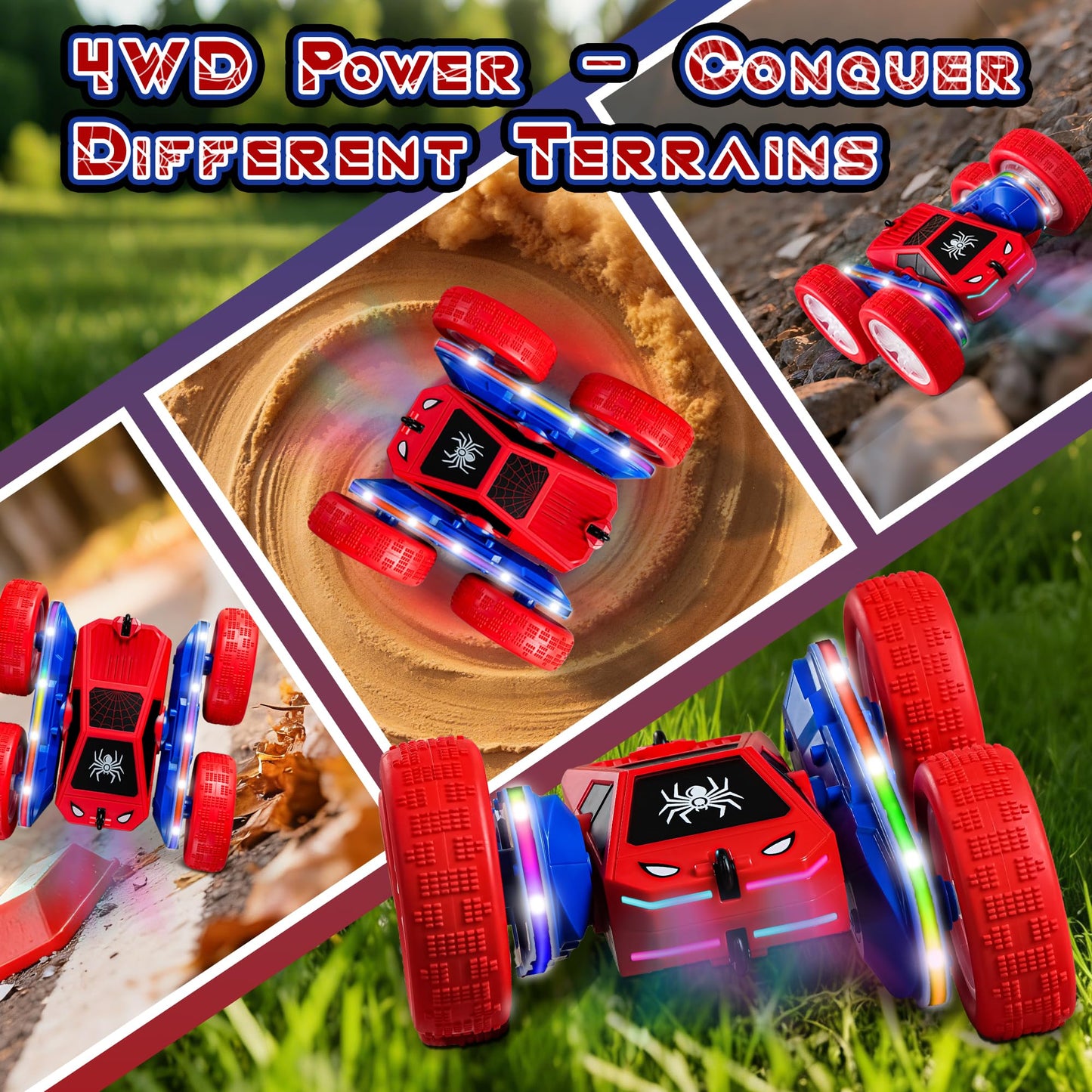 SANGQAOFU Spider Remote Control Car 4WD 360° Flips RC Stunt Car Toys Cyber-Inspired Double-Sided Drift Rc Cars with LED Lights 2 Rechargeable Charge Battery Modules Toys and Gift for Boys Age 3-12