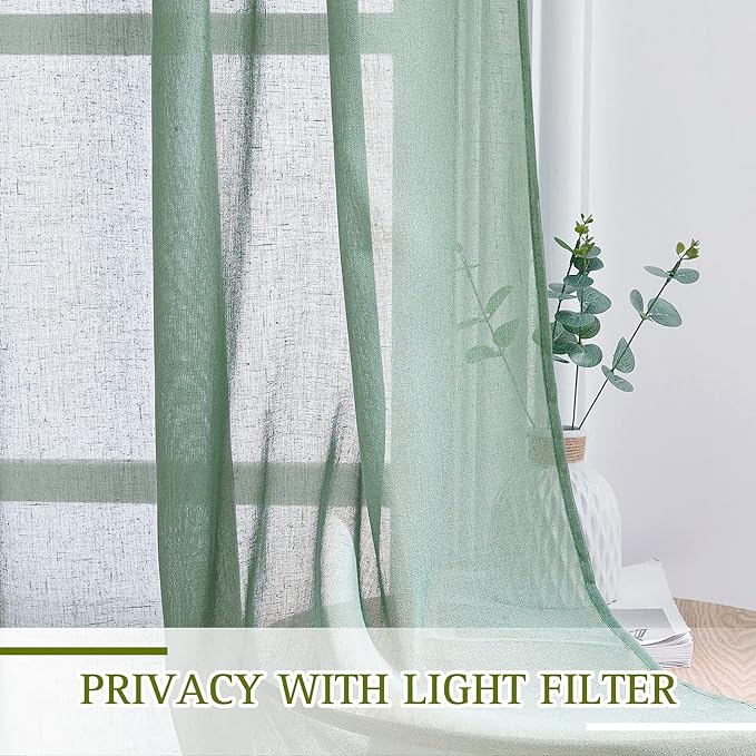 NICETOWN Olive Green Curtains Linen Sheer Texture for Living Room, Grommet Semi Sheer Linen Blend Vertical Drapes Privacy with Light Filter for Garden/Living Room, W52 x L90, 2 Panels