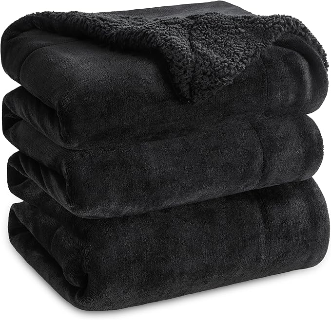Bedsure Sherpa Fleece Blankets Queen Size for Bed - Thick and Warm, Soft Fuzzy Plush Queen Blanket for Winter, Black, 90x90 Inches