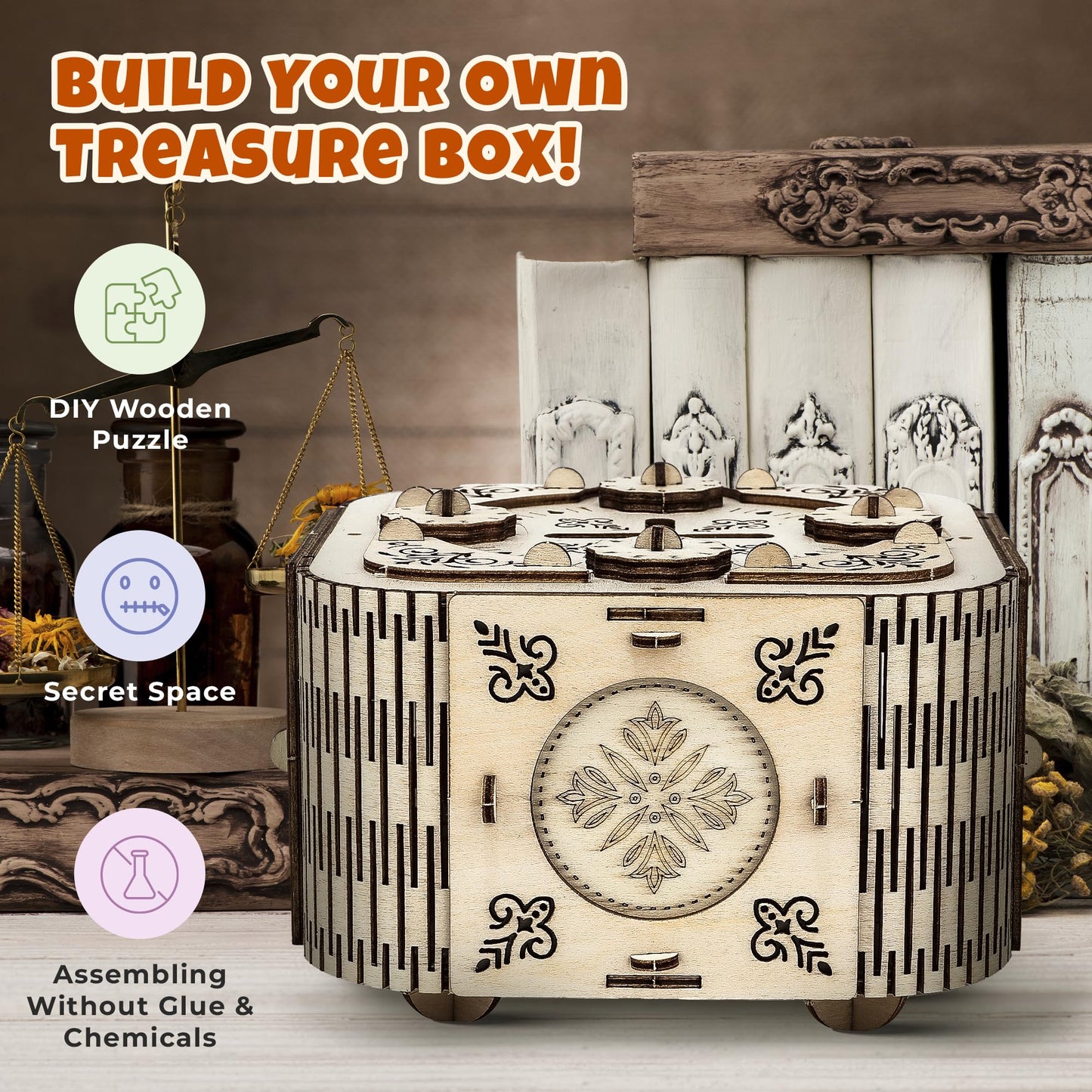 3D Wooden Puzzle Treasure Box Kit with Working Combination Lock and Secret Compartment, Laser-Cut Mechanical Model Craft, DIY Brain Teaser Gift for Adults, Teens and Kids Ages 6 and Up