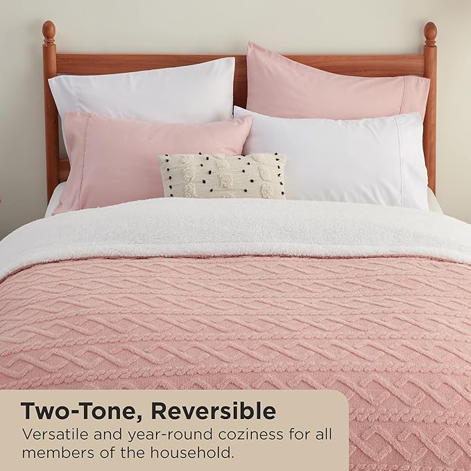 Bedsure Sherpa King Size Blanket for Bed- GentleSoft Fleece Fluffy & Cozy Cable Jacquard Tufted for Women Gift, Thick and Warm Blankets for Winter, Pink, 108x90 Inches