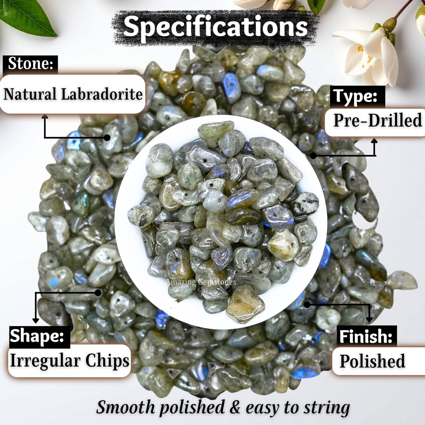 Labradorite Pre Drilled Crystal Crushed Chips Beads for Bracelets Making, DIY Handmade Natural Healing Crystals (25 Inch Strand)