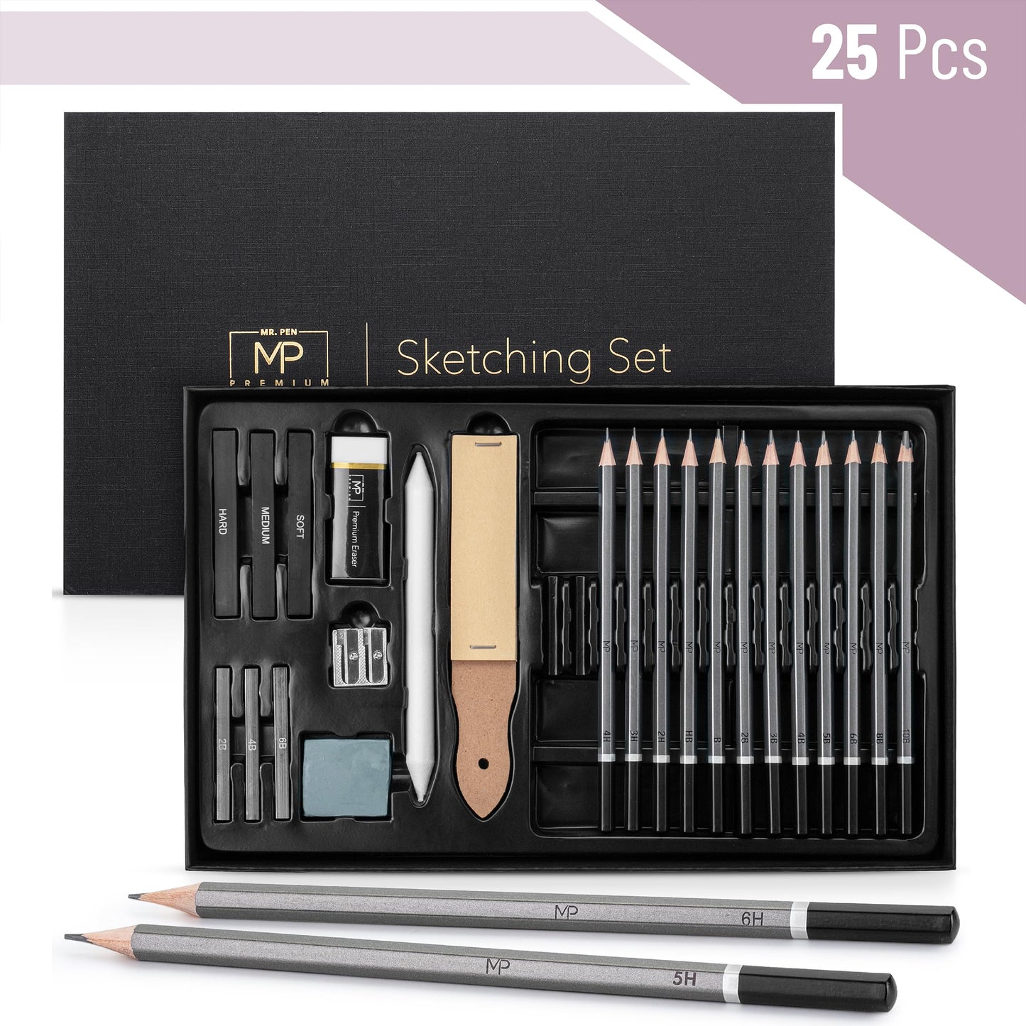 Mr. Pen- Drawing Sketching Pencil Set, 25 pcs, Graphite Pencils (10B-6H), Graphite Sticks, Erasers, Sharpener, Blending Stump & Sandpaper Pad for Drawing, Shading & Art Projects