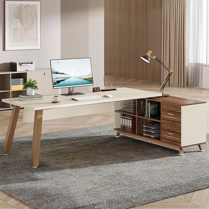 Tribesigns 78.7-Inch Executive Desk, L-Shaped Desk with 55-Inch Cabinet, Large Office Desk with Storage Shelves, Modern Computer Desk for Home Office, White & Walnut