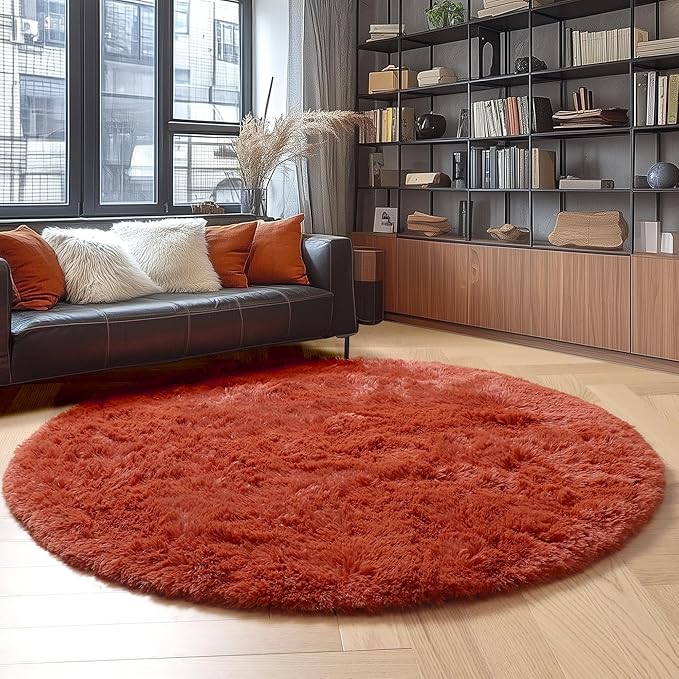 Amdrebio Terracotta Rust Circle Round Rug 4Ft for Bedroom Living Room Aesthetic, Fluffy Fuzzy Thick Shag Area Rugs for Kids Room Decor, Small Plush Furry Shaggy Carpet for Nursery Dorm Classroom