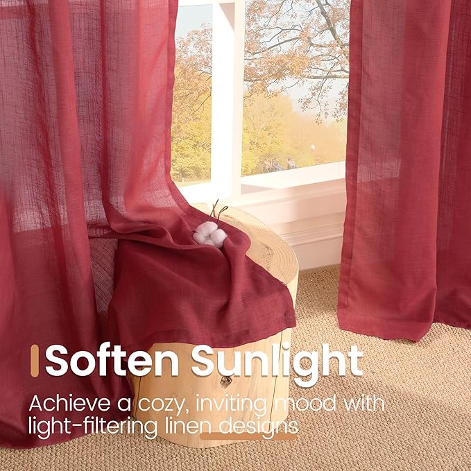 BGment Linen Burgundy Curtains 40 Inch Length for Kitchen Window, Small Semi Sheer Drapes for Cafe Over Sink Bathroom Lightweight Rod Pocket Light Filtering, 2 Panels Set, Each 30 Inch Wide