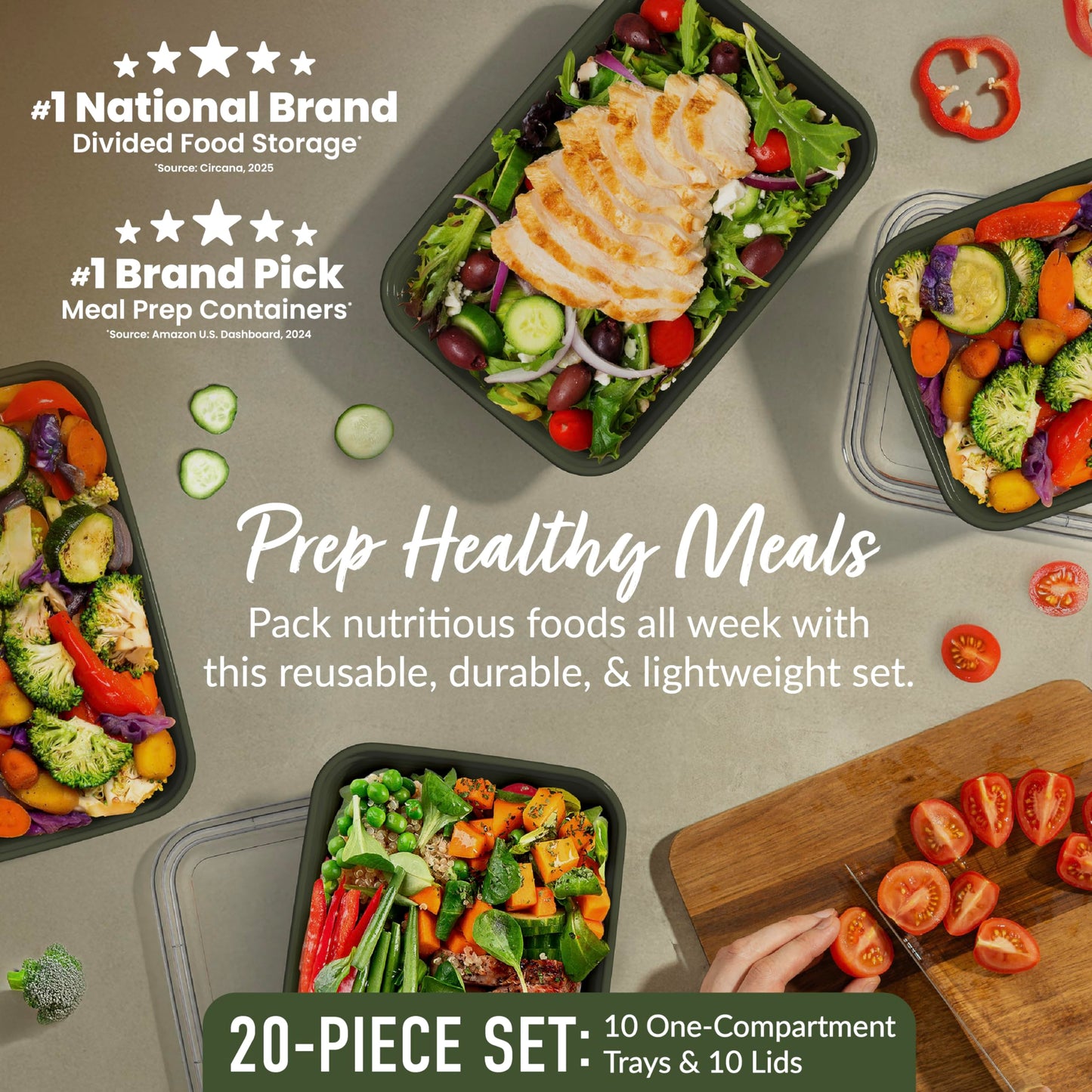 Bentgo Prep - 20-Piece 1-Compartment Reusable Meal Prep Containers with Lids, PFAS & BPA Free Materials, Durable, Microwave, Freezer, & Dishwasher Safe To Go Food Storage (Khaki Green)