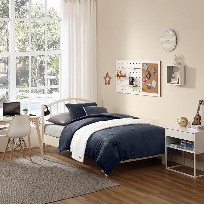 UGG Remina Twin Comforter Set 4 Piece Bed in a Bag with Throw Blanket, Decorative Pillow, Sham, and Reversible Comforter Hypoallergenic Washable College Dorm Bedding, Twin XL, Navy Blue