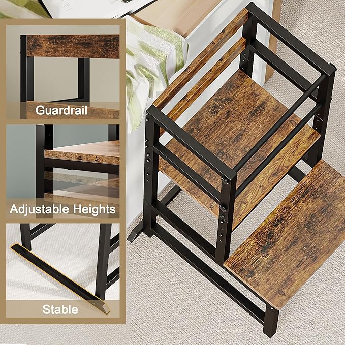Kitchen Step Stool for Toddlers, Height Adjustable Toddler Tower with Safety Rail, Steel and Wood Toddler Kitchen Stool Helper Kids, Stool for Kids, Learning Tower, Kids' Desk Brown
