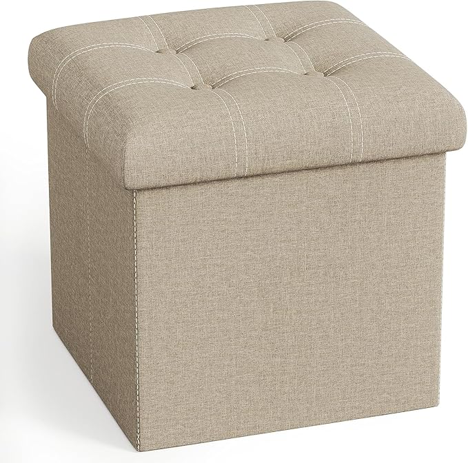 YOUDENOVA 15 inches Storage Ottoman Cube, Foldable Storage Boxes, Padded Seat for Dorm Living Room, Support 300lbs, Line Fabric Beige