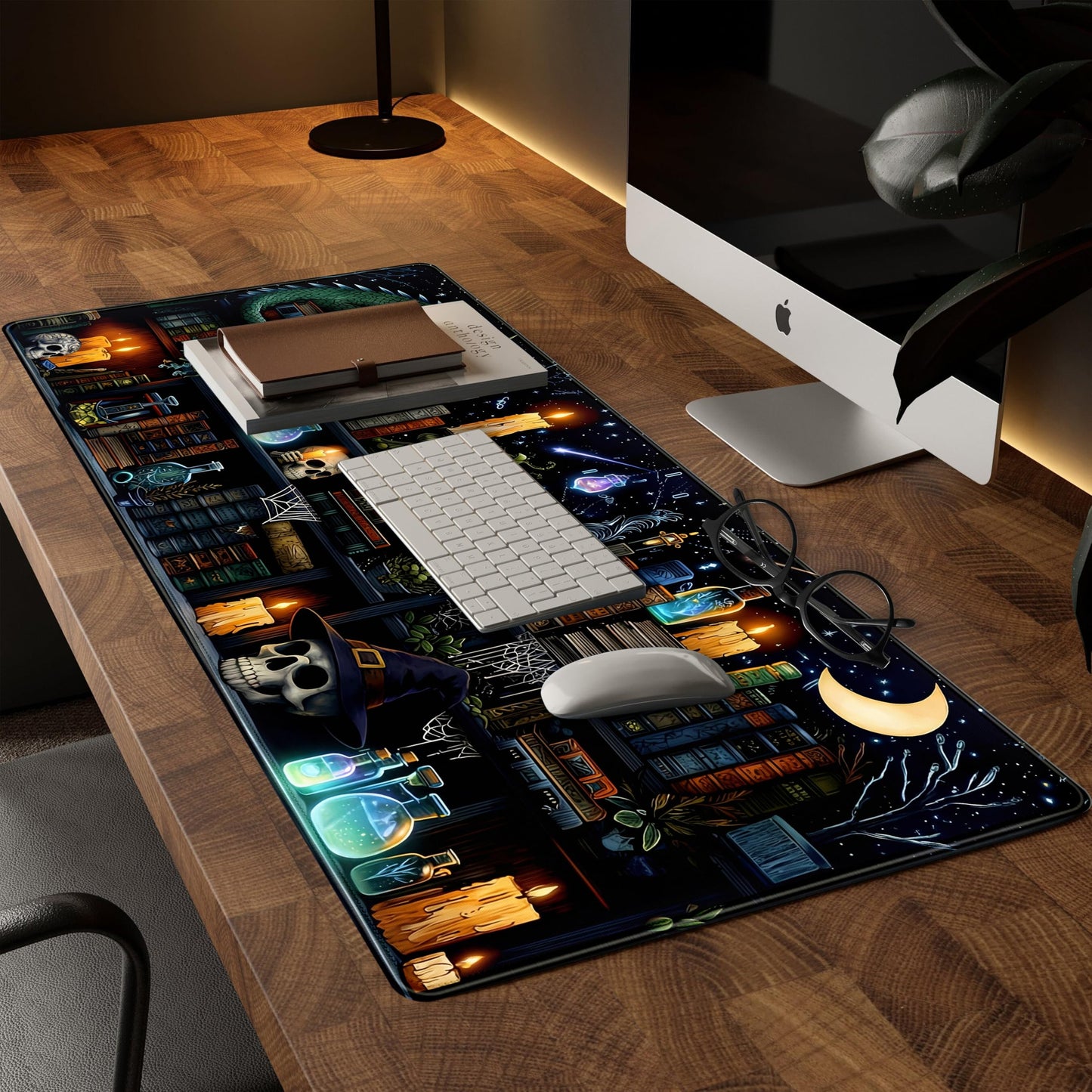 Black Desk Mat Gaming Desk Pad Large Mouse Pad, Mysterious Library Mouse Mat XXL Laptop Keyboard Pad, Vintage Gamer Mouse Pad Full Desk Mousepads Cool Office Desk Accessories 31.5"x15.7"