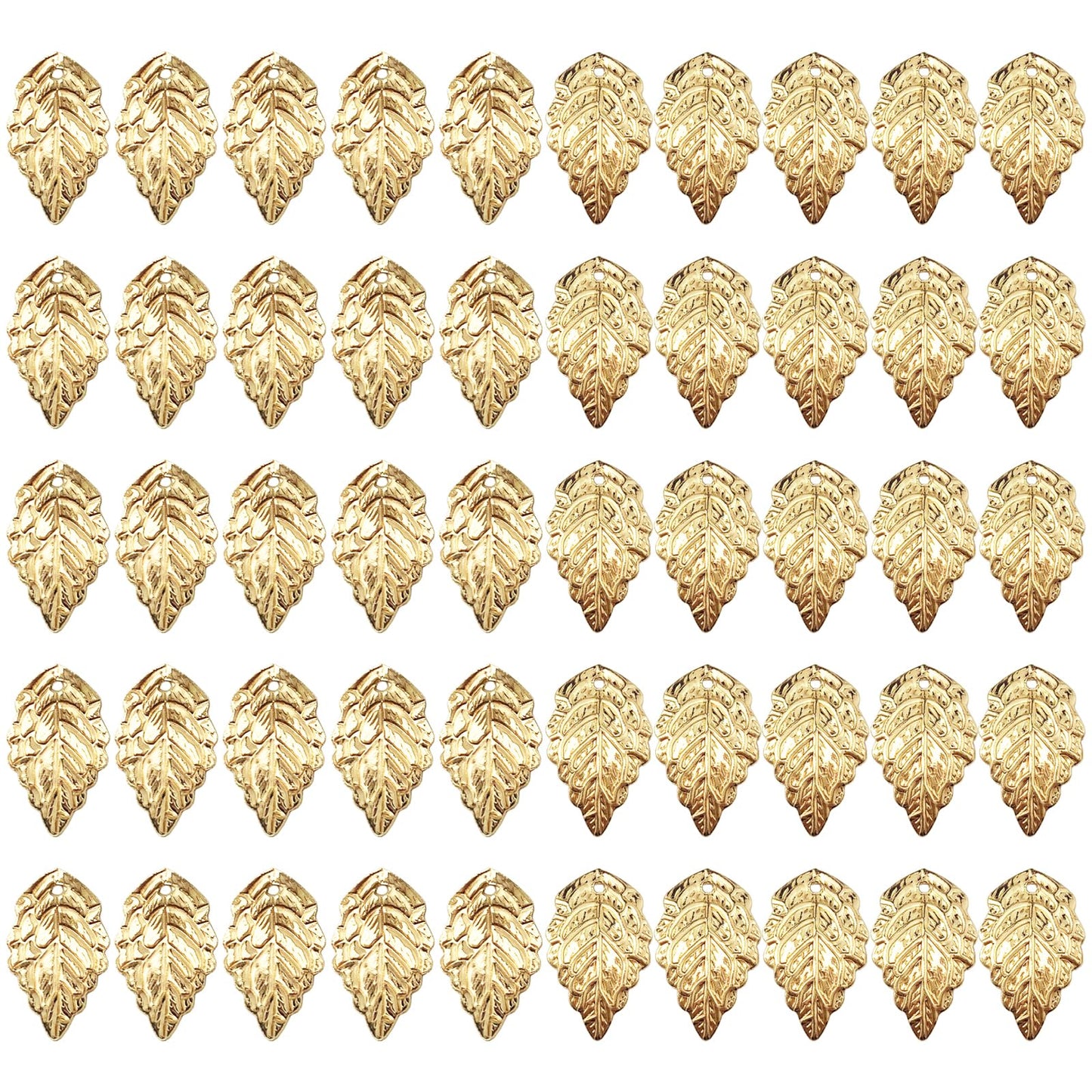 50pcs Leaf Pattern Charms Plated Brass Leaf Beading Decorations with Hole for Making Hair Pins Clips Combs Bracelets Earring DIY Craft (KC Gold)