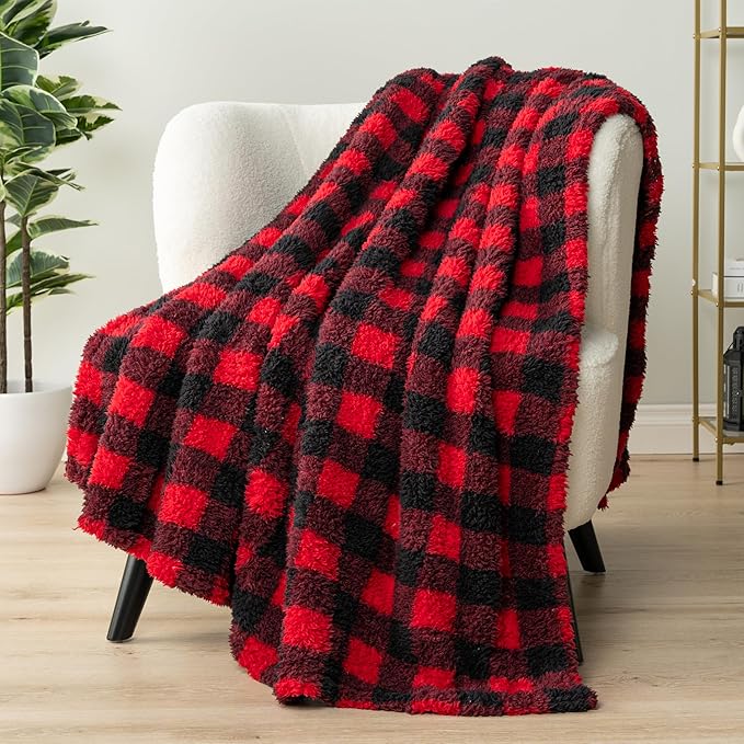 PAVILIA Sherpa Throw Blanket for Couch Sofa, Black Red Checkered Fluffy Warm Plush Blanket for Twin Bed, Cozy Super Soft Lightweight Throw, Fuzzy Decorative Blanket, All Season Home, 60x80